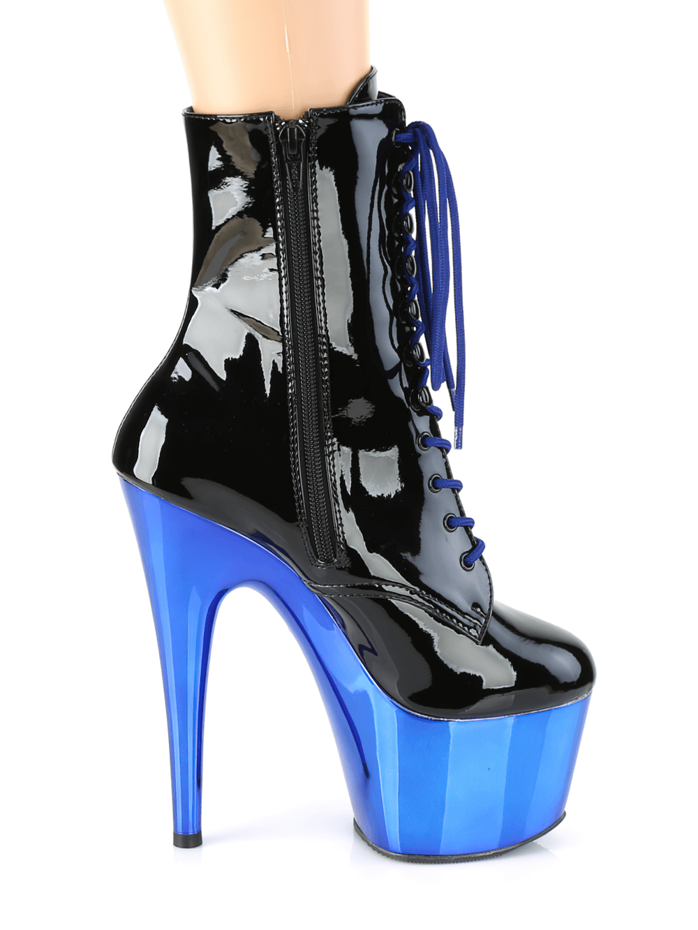 Pleaser black patent leather ankle boots with blue stiletto platform and lace-up design, perfect for bold fashion statements.