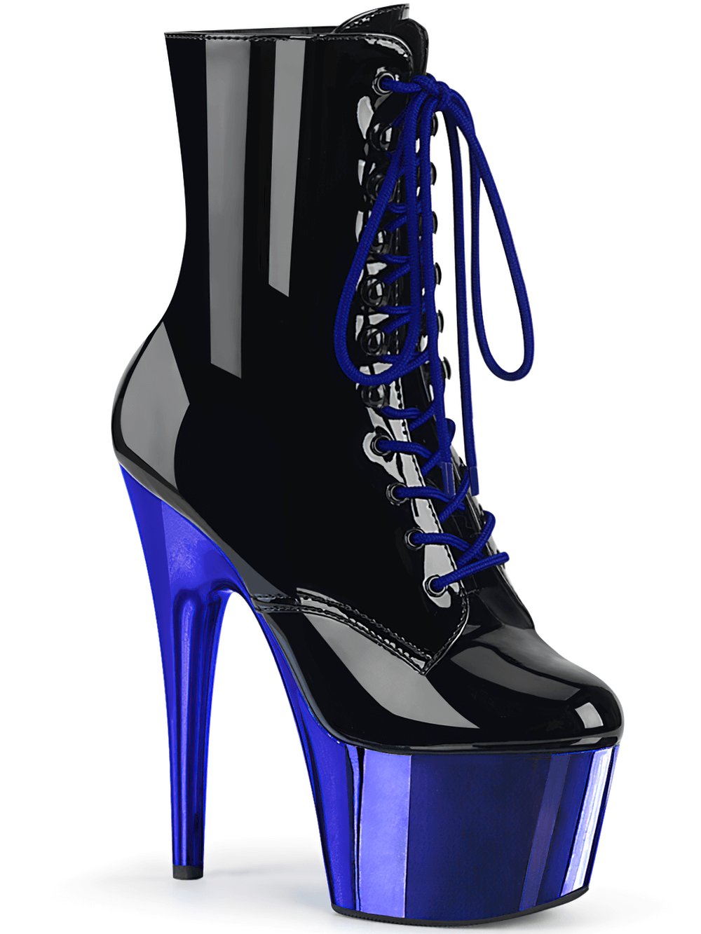 PLEASER black and blue stiletto lace-up ankle boots with patent leather finish and striking blue chrome heels.