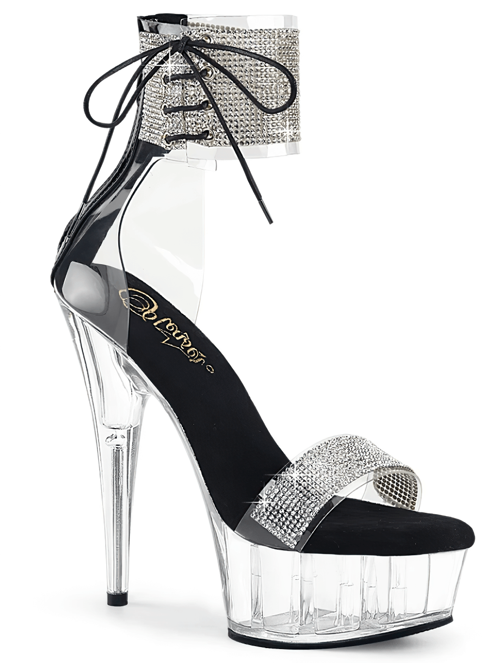 Elegant black and clear stiletto sandals with rhinestone cuff and ankle lacing, perfect for a glamorous look.