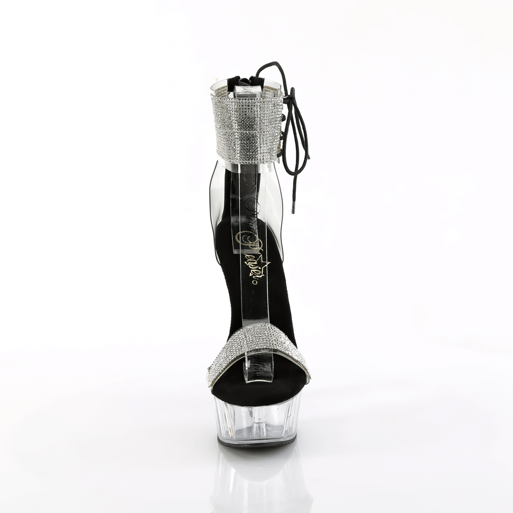 Elegant Pleaser black and clear stiletto sandals with rhinestone cuff and side lacing, featuring a stunning 6" heel.