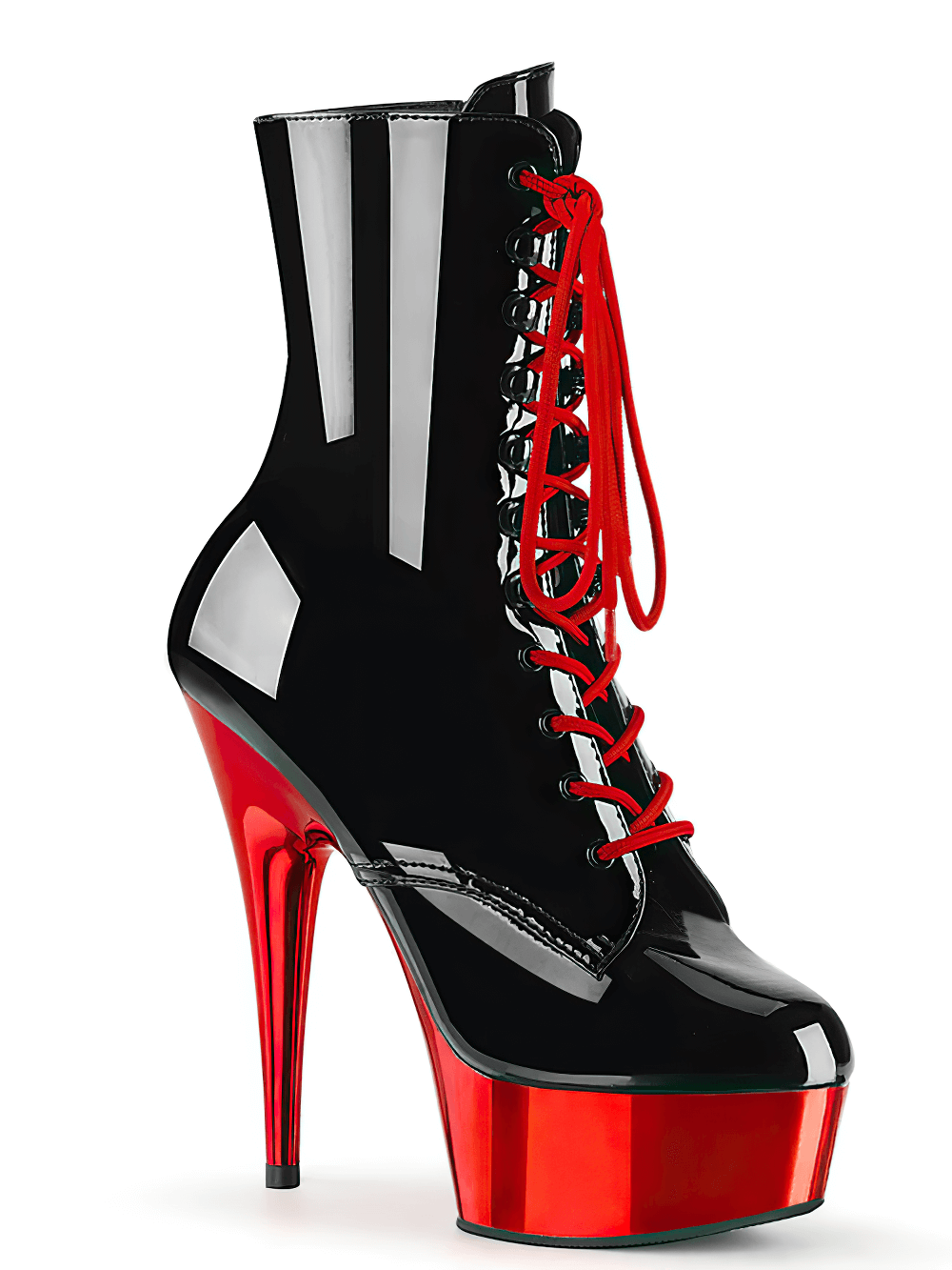 PLEASER Black and Red Lace-Up Stiletto Heel Ankle Boots with platform, red laces, and side zip for bold style.