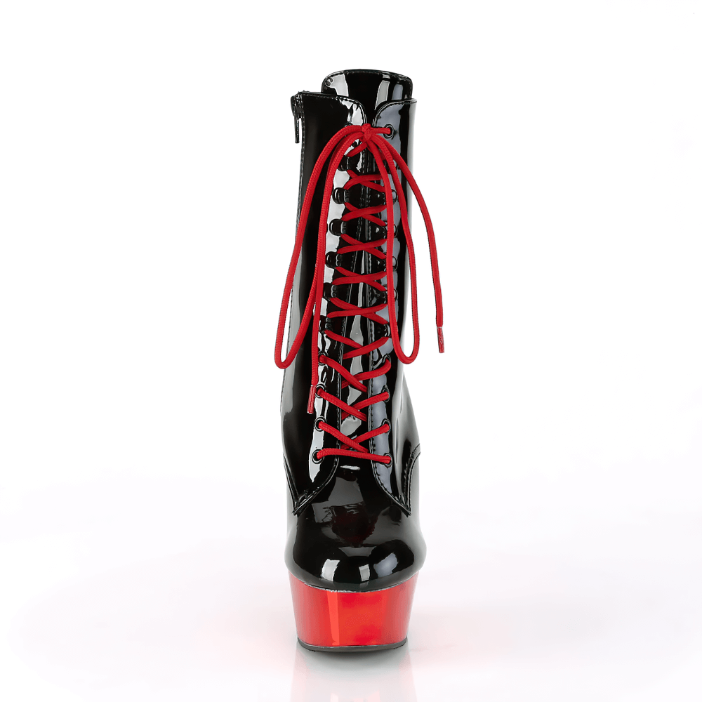 Black and red lace-up stiletto heel ankle boots with platform and side zip, perfect for a bold fashion statement.