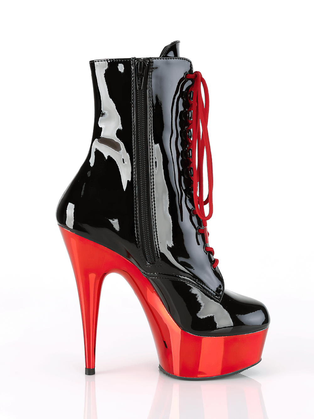 Black and red lace-up stiletto heel ankle boots with side zip, 6-inch heel, perfect for making a bold fashion statement.