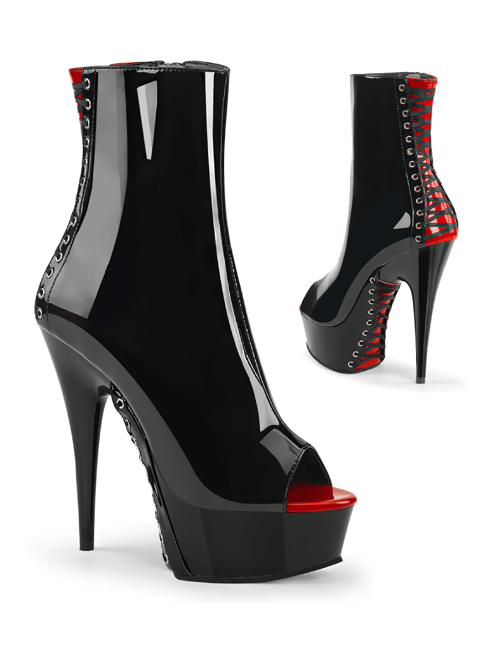 Glossy black and red peep-toe stiletto ankle boots with corset detailing and high heel.