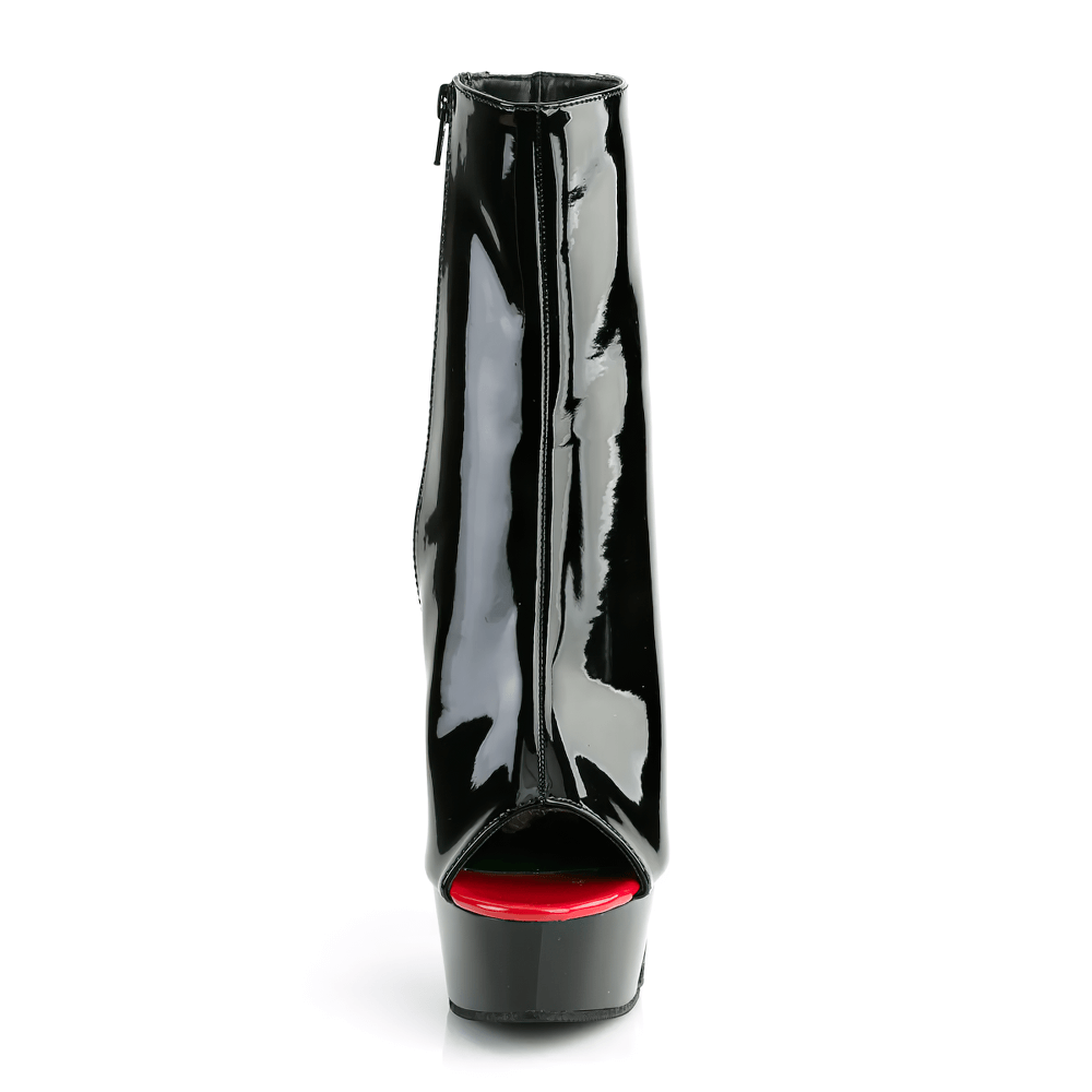 Black and red peep-toe stiletto ankle boots with corset detailing and inside zip closure.