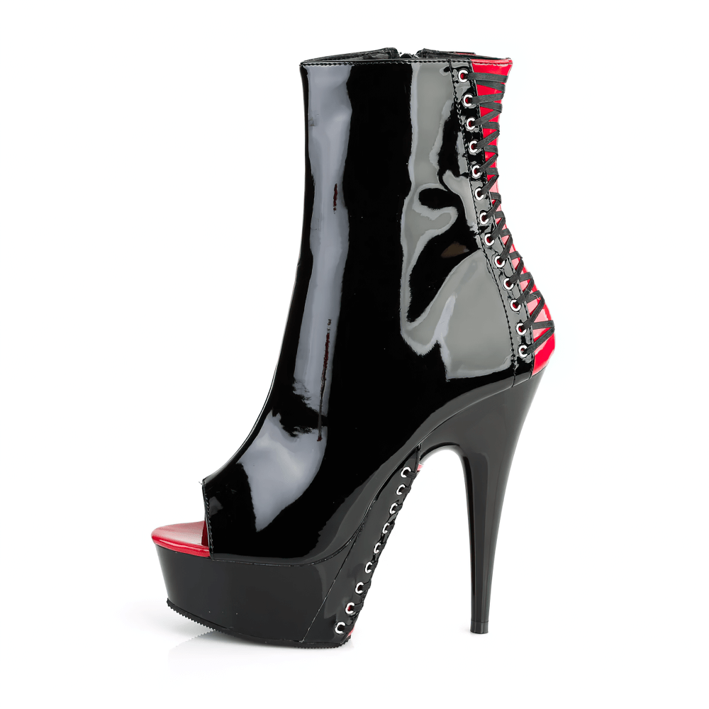 PLEASER black and red peep-toe stiletto ankle boots with corset detailing and 6-inch heels.