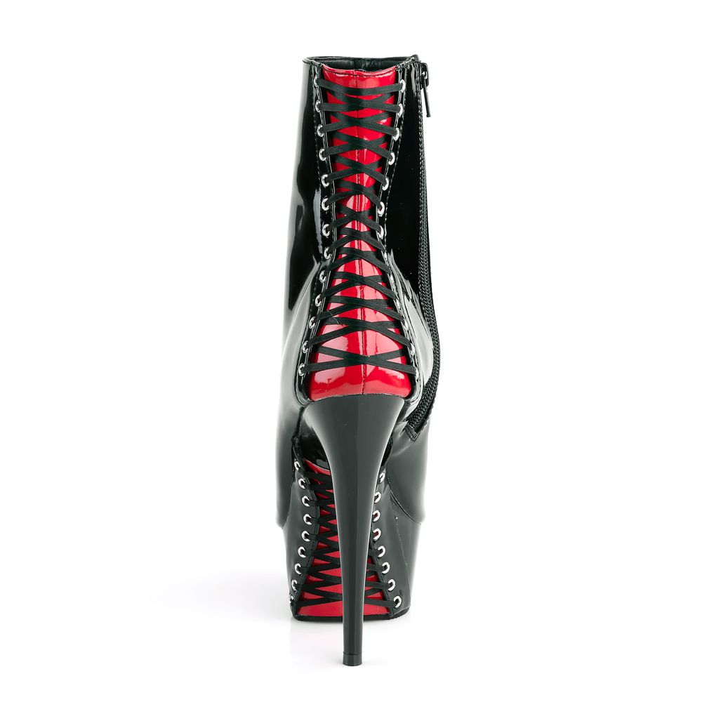 Black and red corset peep-toe stiletto ankle boots with zip closure and bold 6-inch heels.