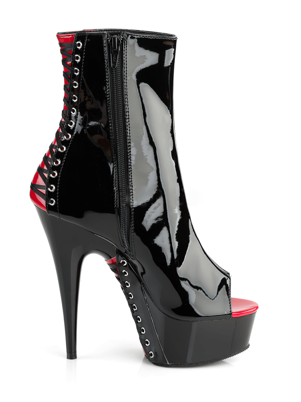 Edgy black and red peep-toe stiletto ankle boots with corset detailing and 6-inch heels.