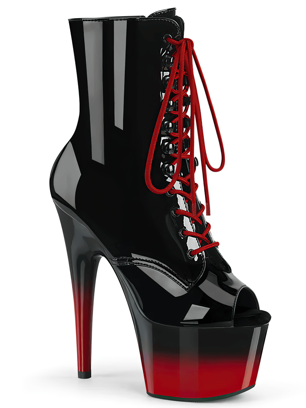 PLEASER Black and Red Peep Toe Lace-Up Ankle Boots with 7-inch heel and 2.75-inch platform, perfect for a stylish flair.