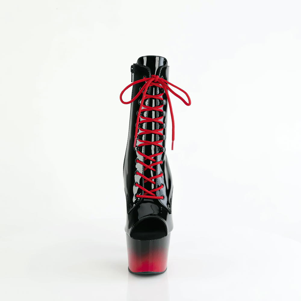 Stylish black and red peep toe lace-up ankle boots with a platform stiletto heel, perfect for trendy outfits.