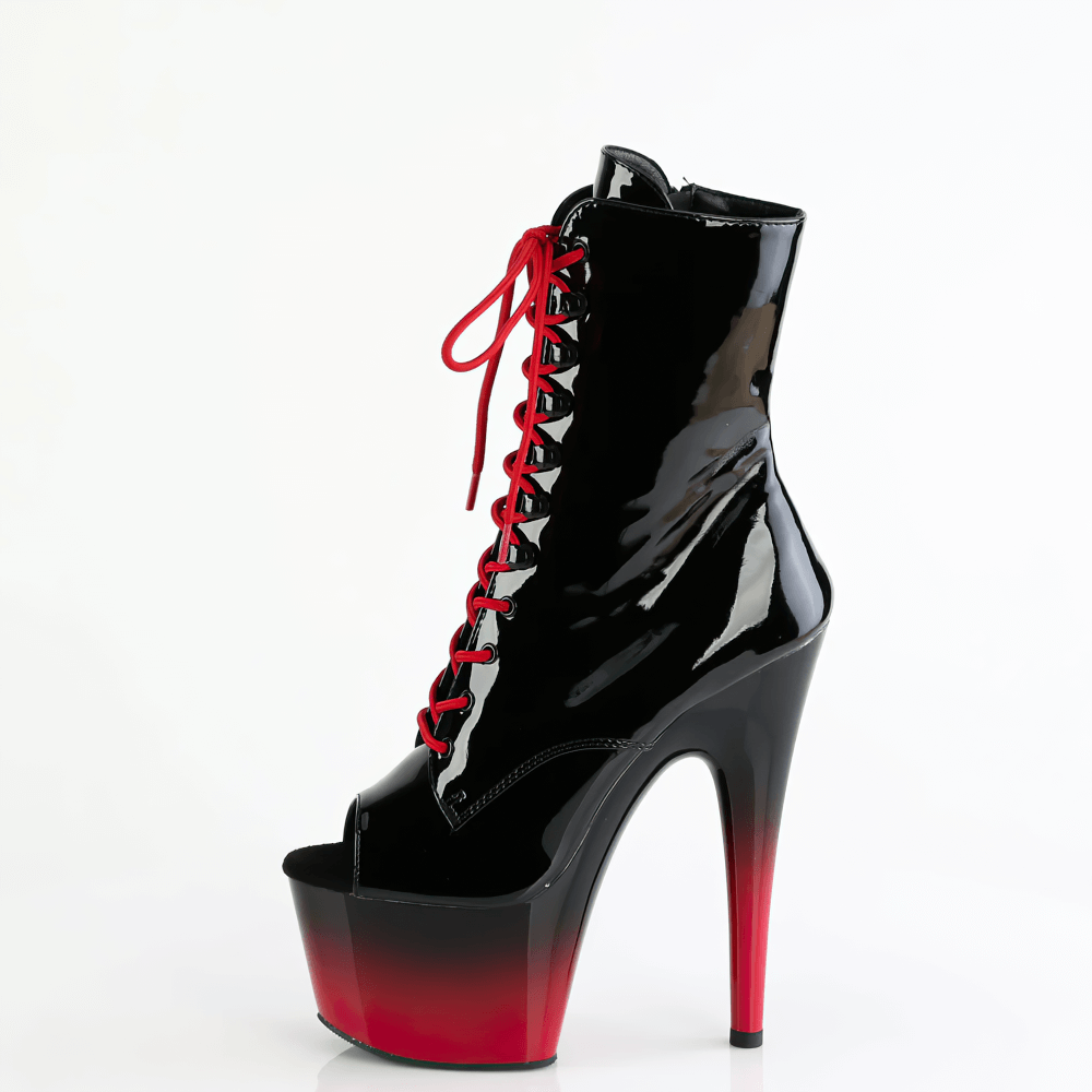 Stylish PLEASER black and red peep toe lace-up ankle boots with a stiletto heel and platform.