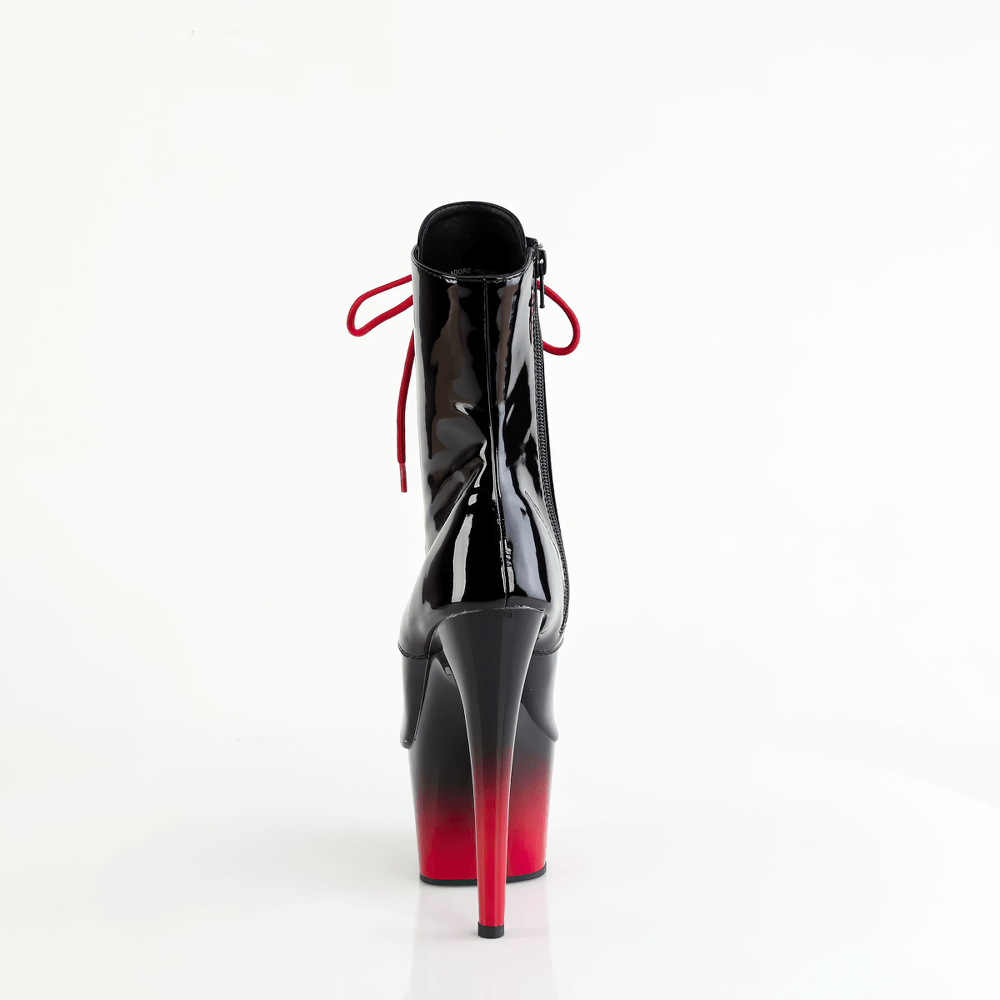 Back view of PLEASER black and red peep toe lace-up ankle boots with a high stiletto heel and vibrant red gradient sole.