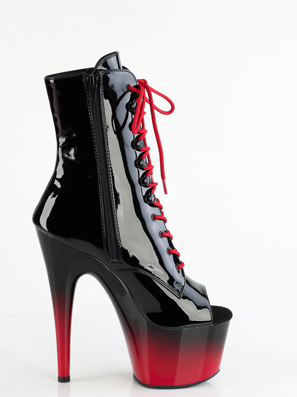 Stylish black and red peep toe lace-up ankle boots with high stiletto heel and platform, perfect for trendy outfits.