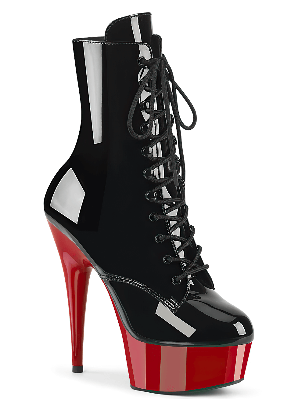 PLEASER Black and Red Stiletto Heel Lace-Up Ankle Boots with side zip and bold platform design.