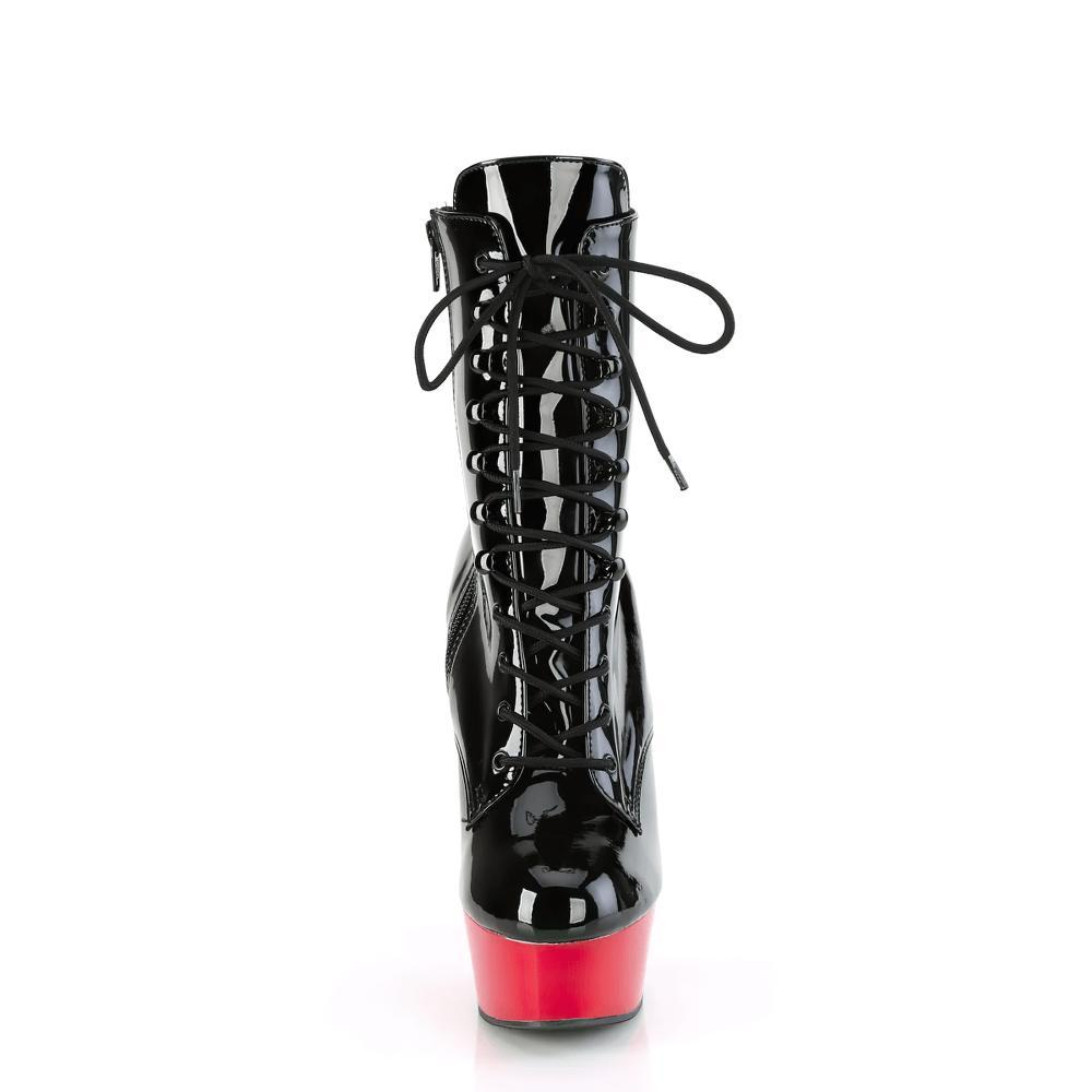 Front view of PLEASER black and red stiletto heel lace-up ankle boots with side zip and platform.