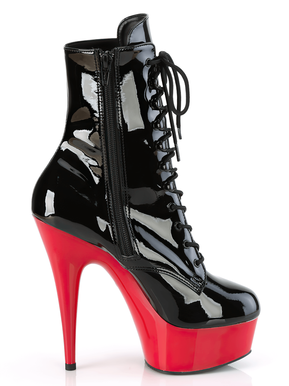 Black and red stiletto heel lace-up ankle boots with side zip, perfect for bold fashion statements.