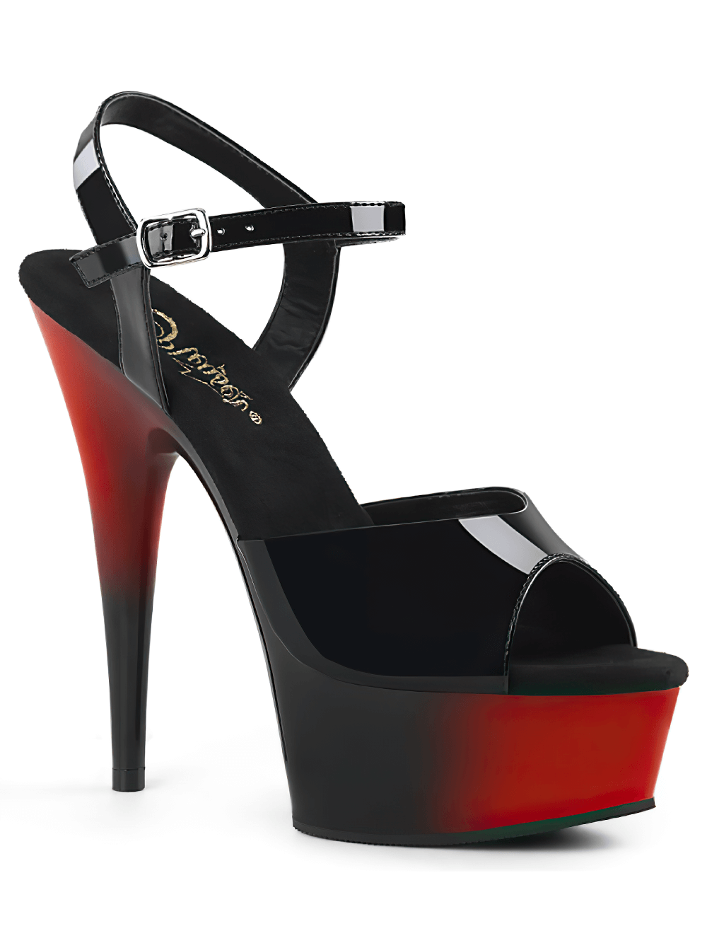 Stylish PLEASER black and red two-tone stiletto platform sandals with 6-inch heel and ankle strap for elegant nights out.