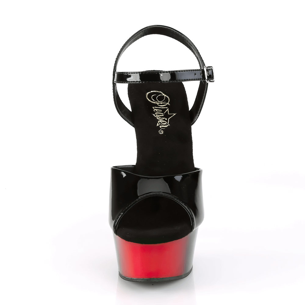 Back view of Pleaser black and red two-tone stiletto platform sandals with ankle strap.