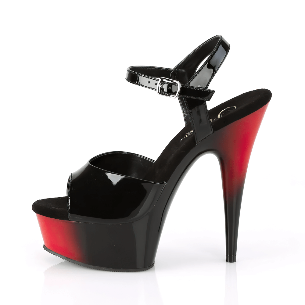 PLEASER black and red two-tone stiletto platform sandals with 6-inch heel and ankle strap for a bold, elegant look.