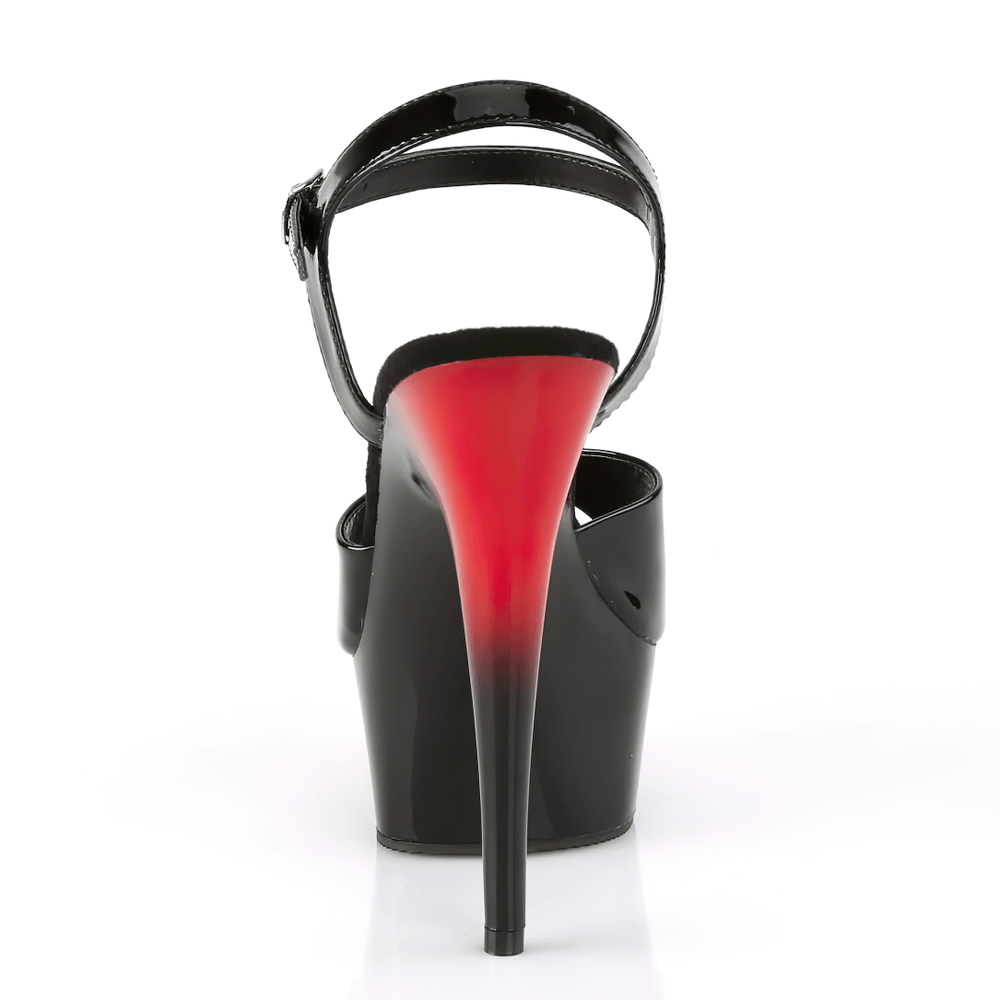 Back view of PLEASER black and red two-tone stiletto platform sandals with a striking 6-inch heel.