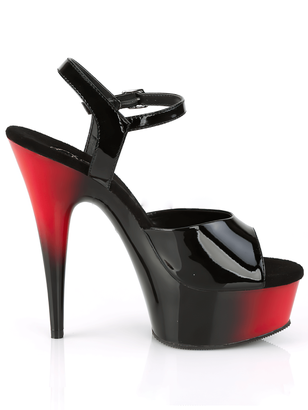 Black and red two-tone stiletto platform sandals with 6-inch heel and ankle strap, perfect for elegant nights out.
