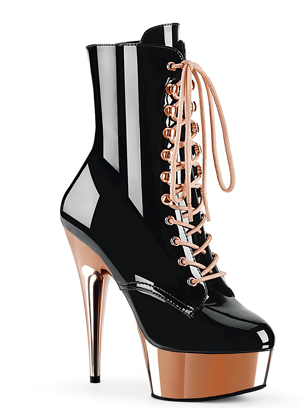 PLEASER Black and Rose Gold Lace-Up Stiletto Heel Ankle Boots with 6-inch heels and platform design.