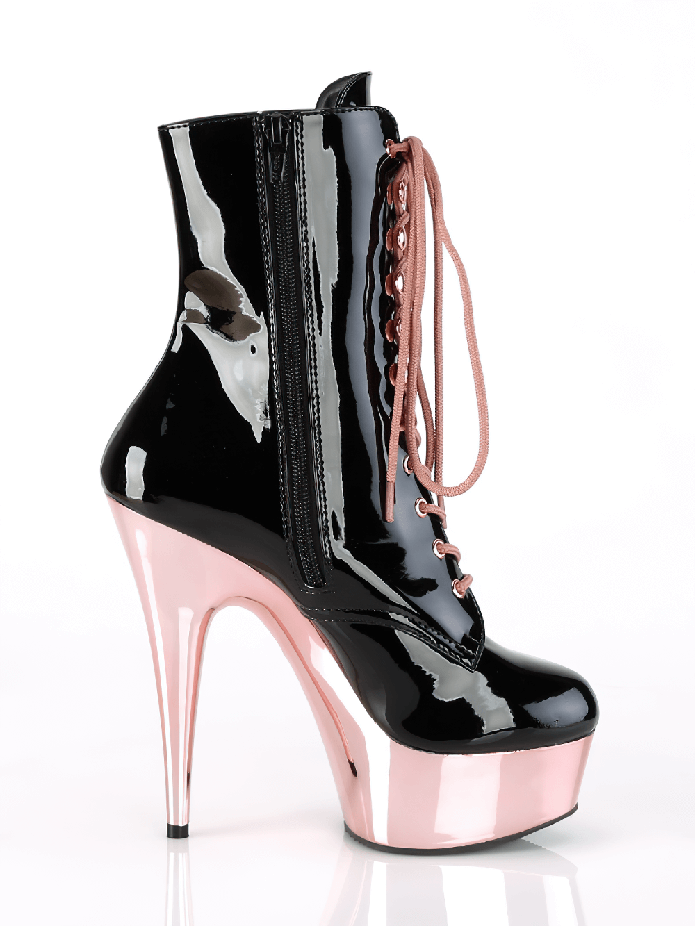 Black and rose gold lace-up stiletto heel ankle boots with a 6-inch heel and side zip closure.