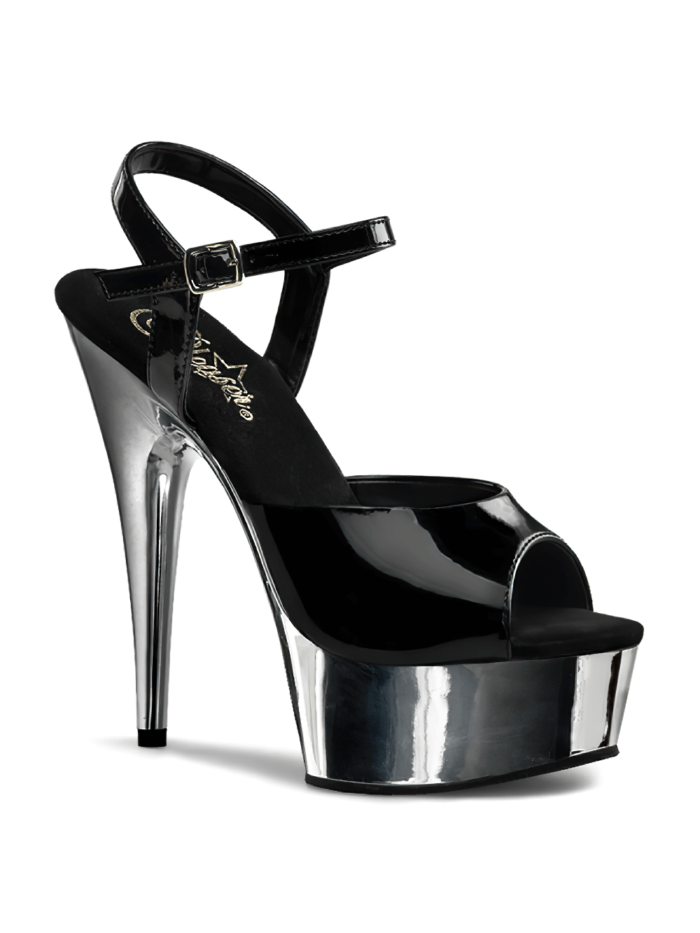 Black and silver chrome peep toe stiletto sandals with ankle strap and high heel glamour.