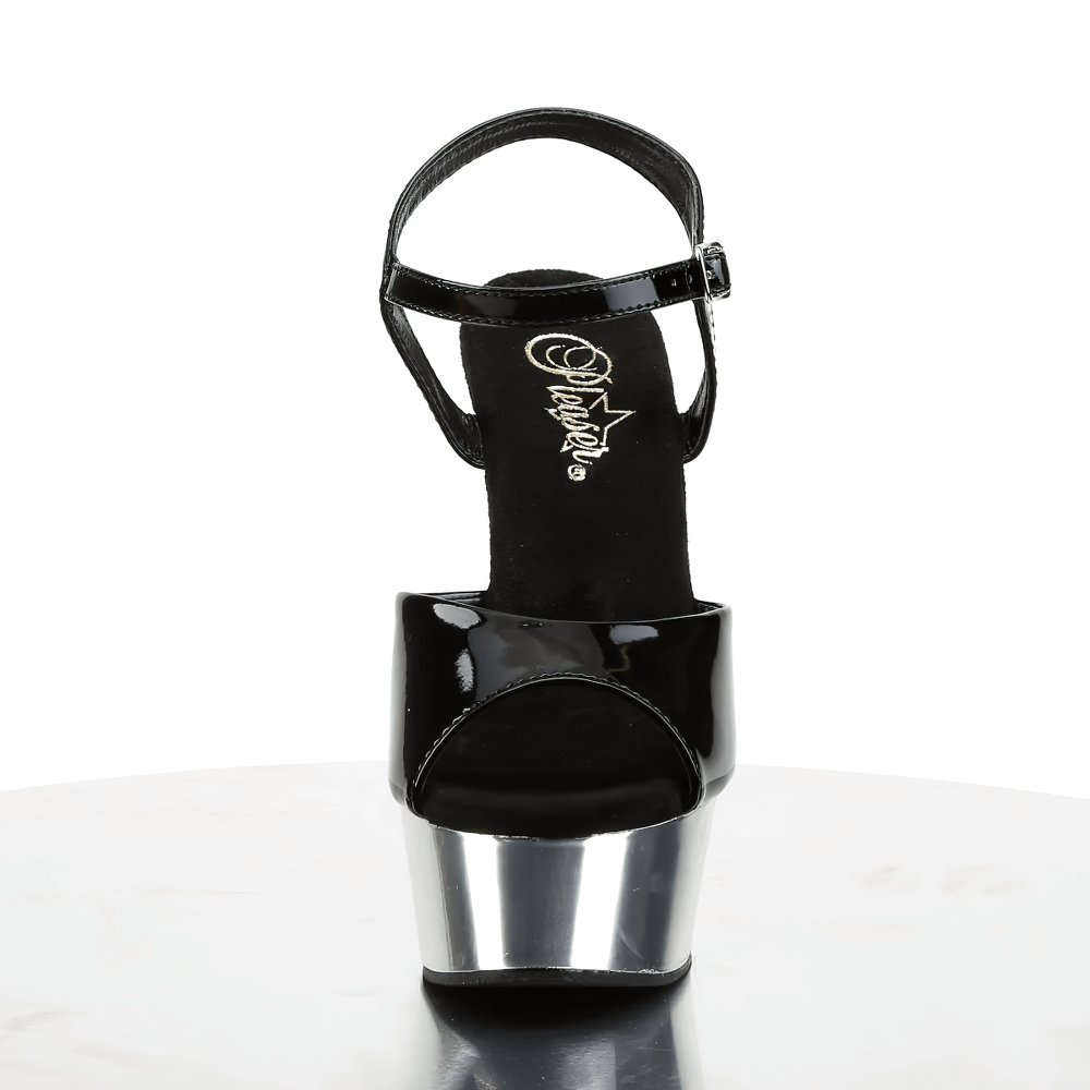 Pleaser Black and Silver Chrome Peep Toe Stiletto Sandals with ankle strap and metallic platform, perfect for glamorous occasions.