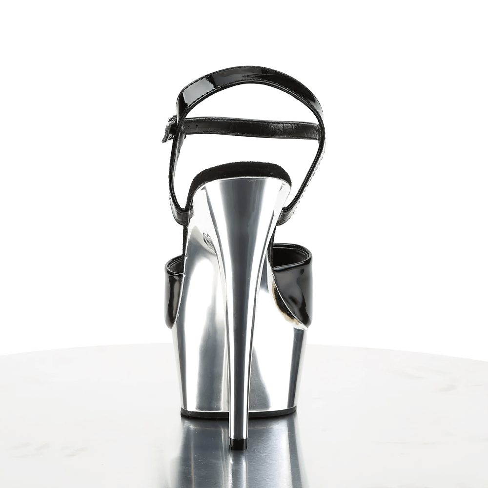 Back view of PLEASER Black and Silver Chrome Peep Toe Stiletto Sandals with an elegant metallic heel.