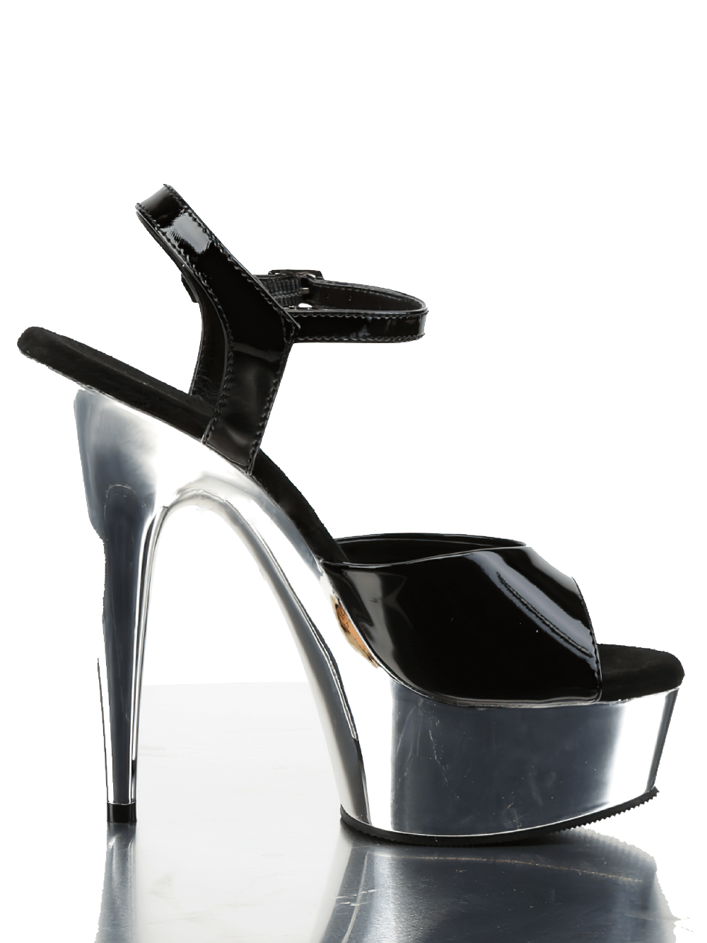 Stylish PLEASER black and silver chrome peep toe stiletto sandals for glamorous occasions.