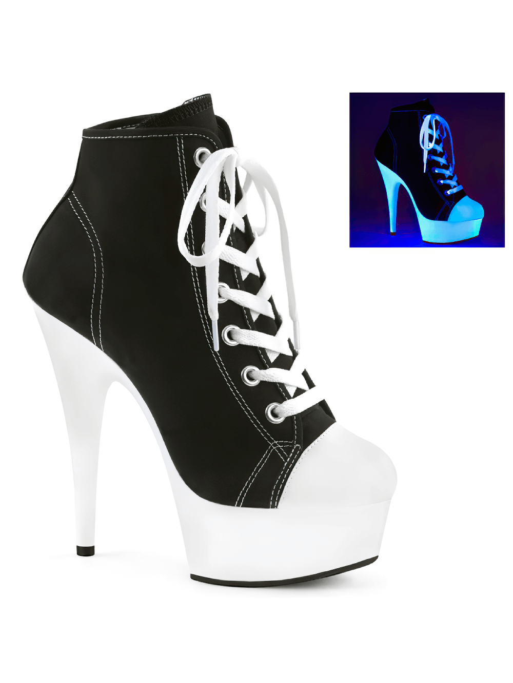 Stylish black and white lace-up stiletto heels with a high platform and trendy zip design.
