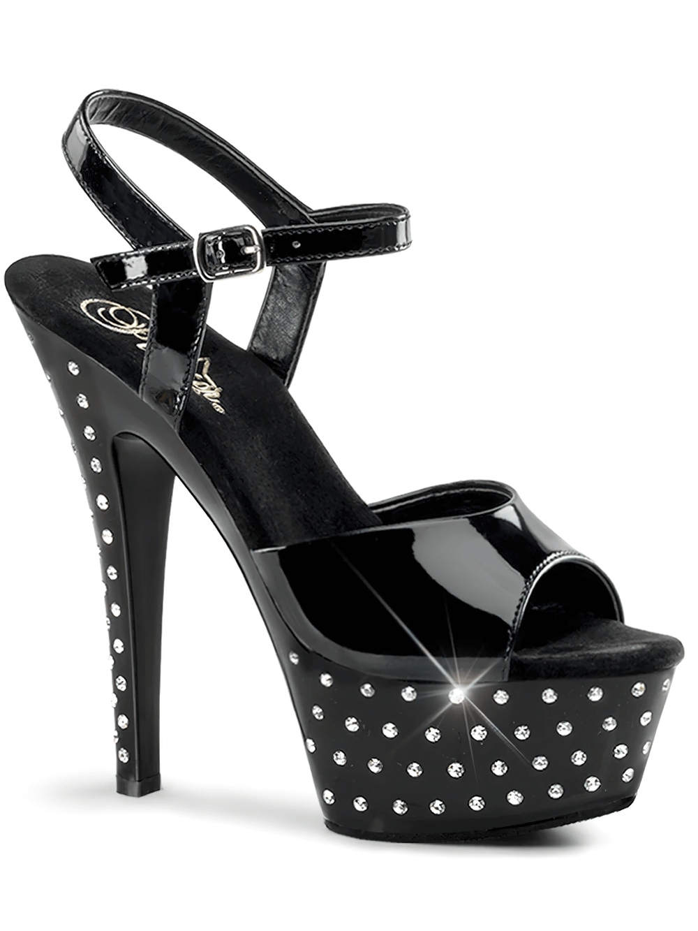 Black ankle strap sandals with rhinestones, high heel and studded platform for glamorous style.