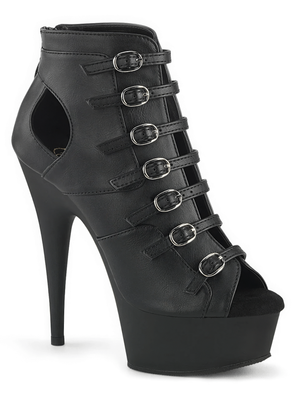 Bold black buckle-up strappy heels with platform and cutout design, perfect for commanding attention.