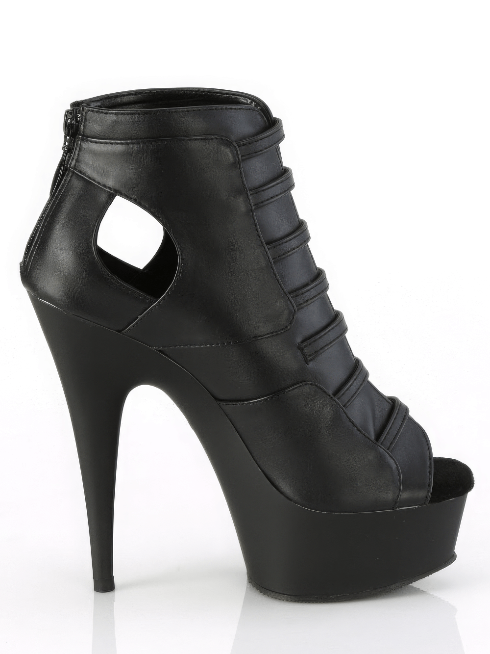 Stylish black buckle-up strappy heels with platform and cutout design, featuring a daring 15.2 cm heel.