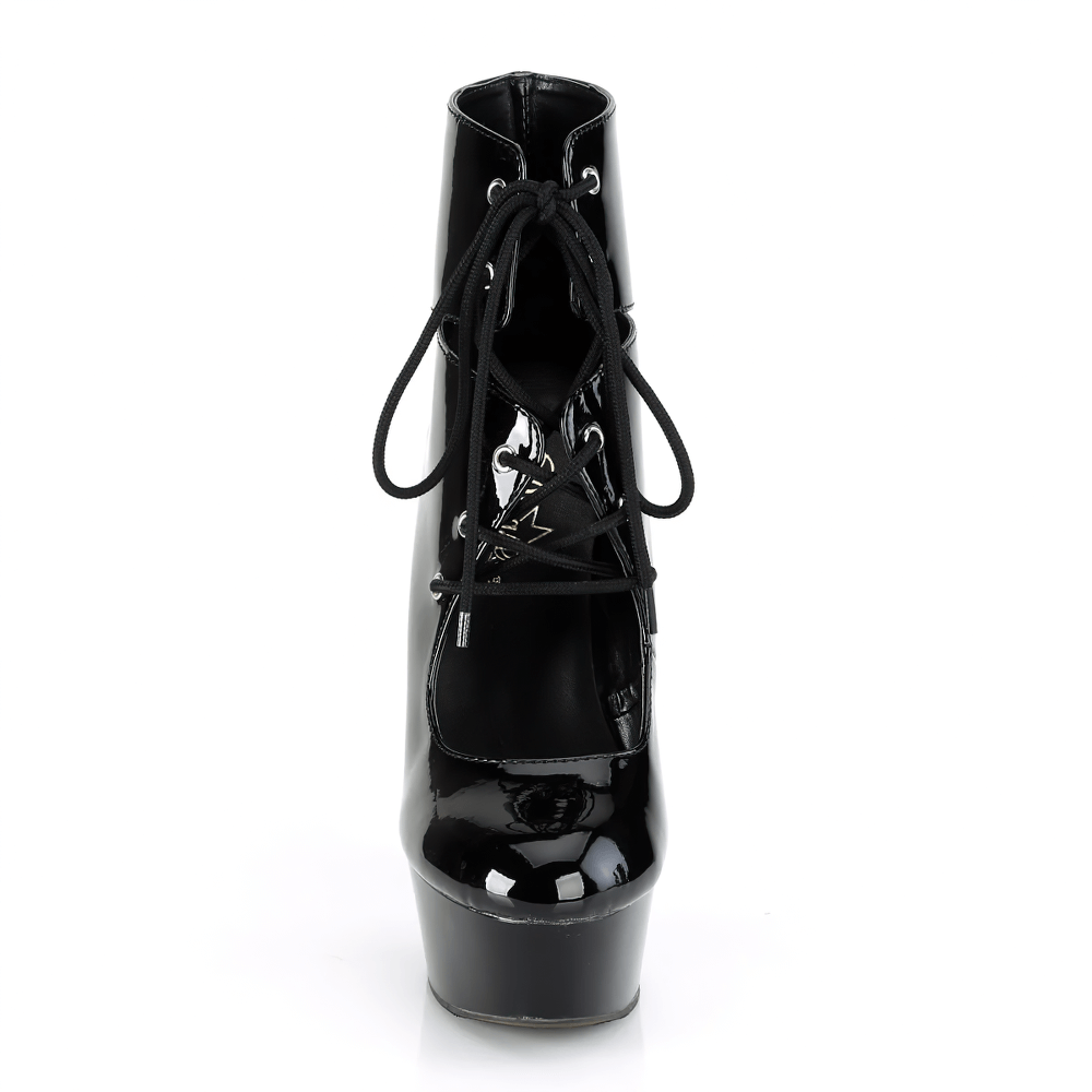 Edgy black cutout lace-up platform ankle bootie pumps with a shiny finish and 6-inch stiletto heels.