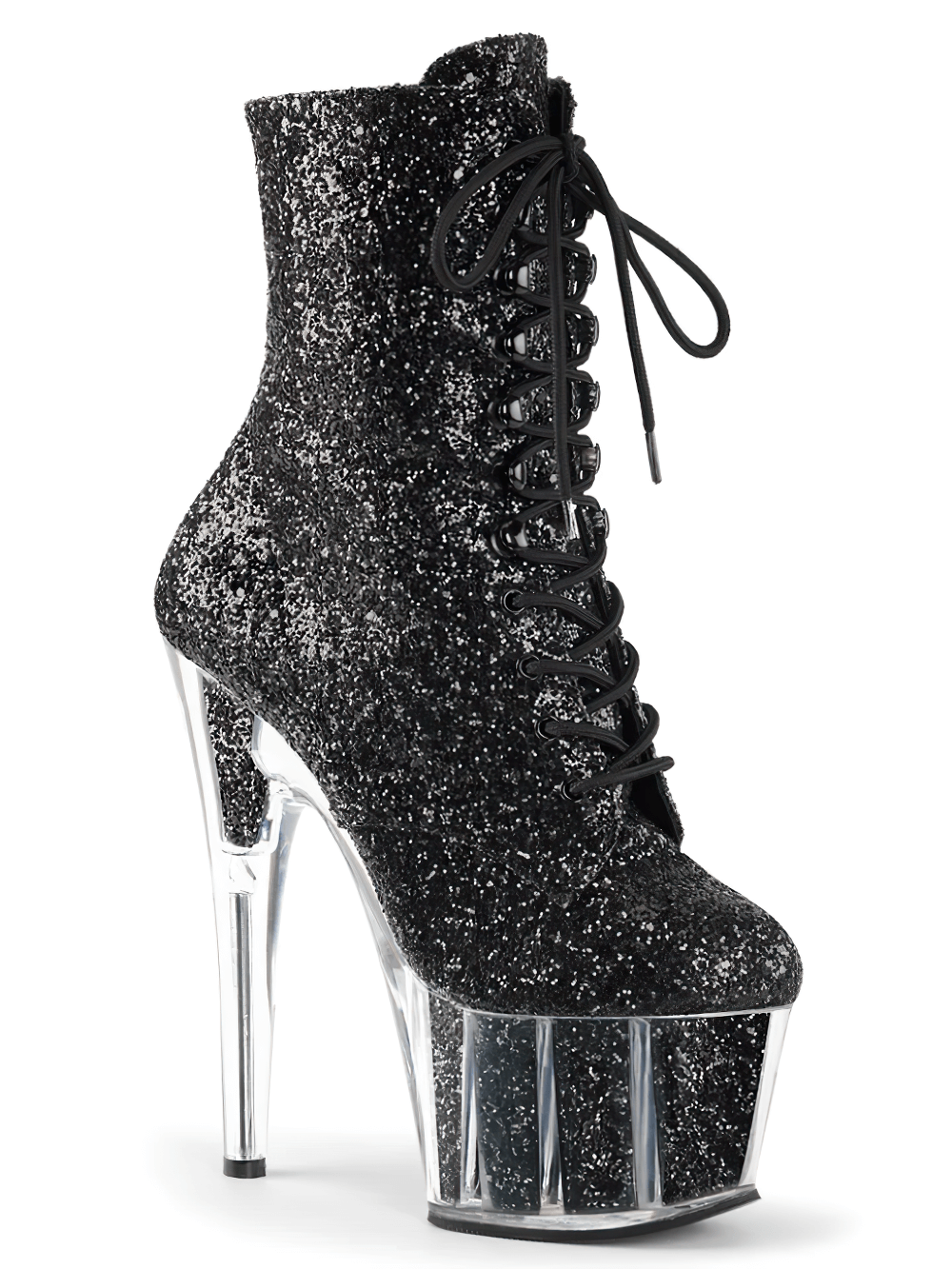 PLEASER black glitter lace-up ankle boots with clear heel and 7-inch stiletto for a bold, glamorous look.
