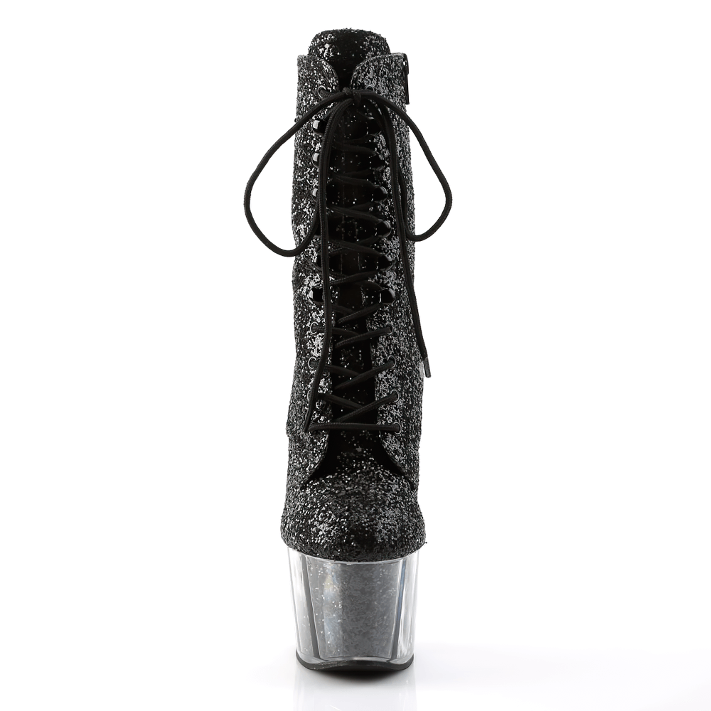 Sparkling black glitter lace-up ankle boots with a clear heel, perfect for glamorous nights out.