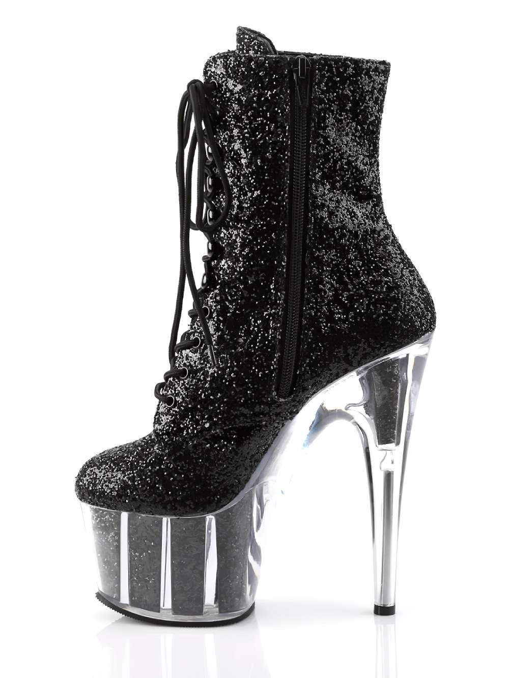 Black glitter lace-up ankle boots with clear heel and stylish front zip, perfect for bold fashion statements.