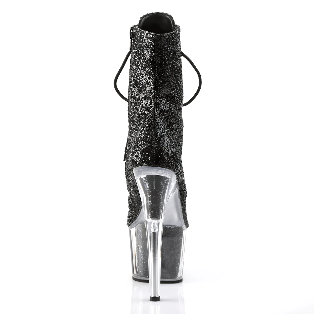 Back view of PLEASER Black Glitter Lace-Up Ankle Boots with Clear Heel, showcasing the sparkling 7-inch stiletto and trendy design.