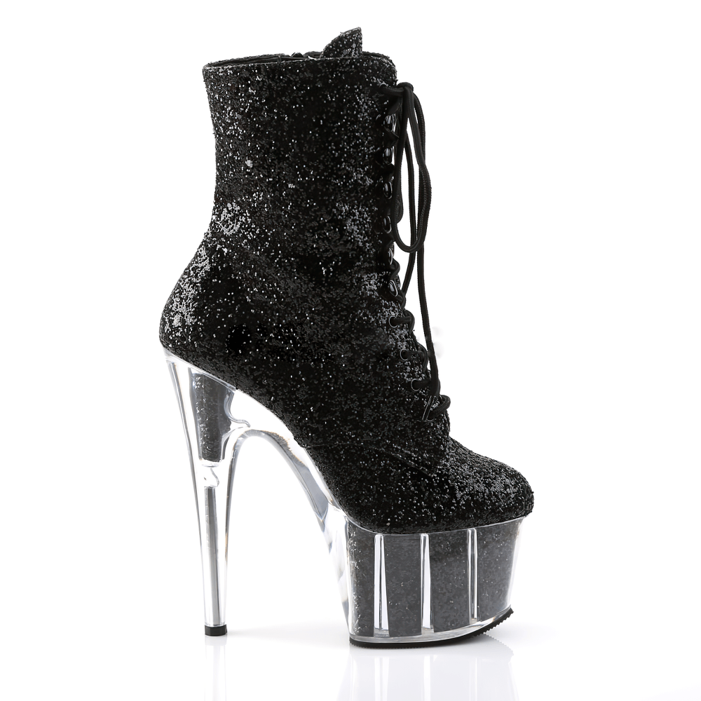 PLEASER Black Glitter Lace-Up Ankle Boots with Clear Heel, 7-inch stiletto and 2 3/4-inch platform for a bold look.