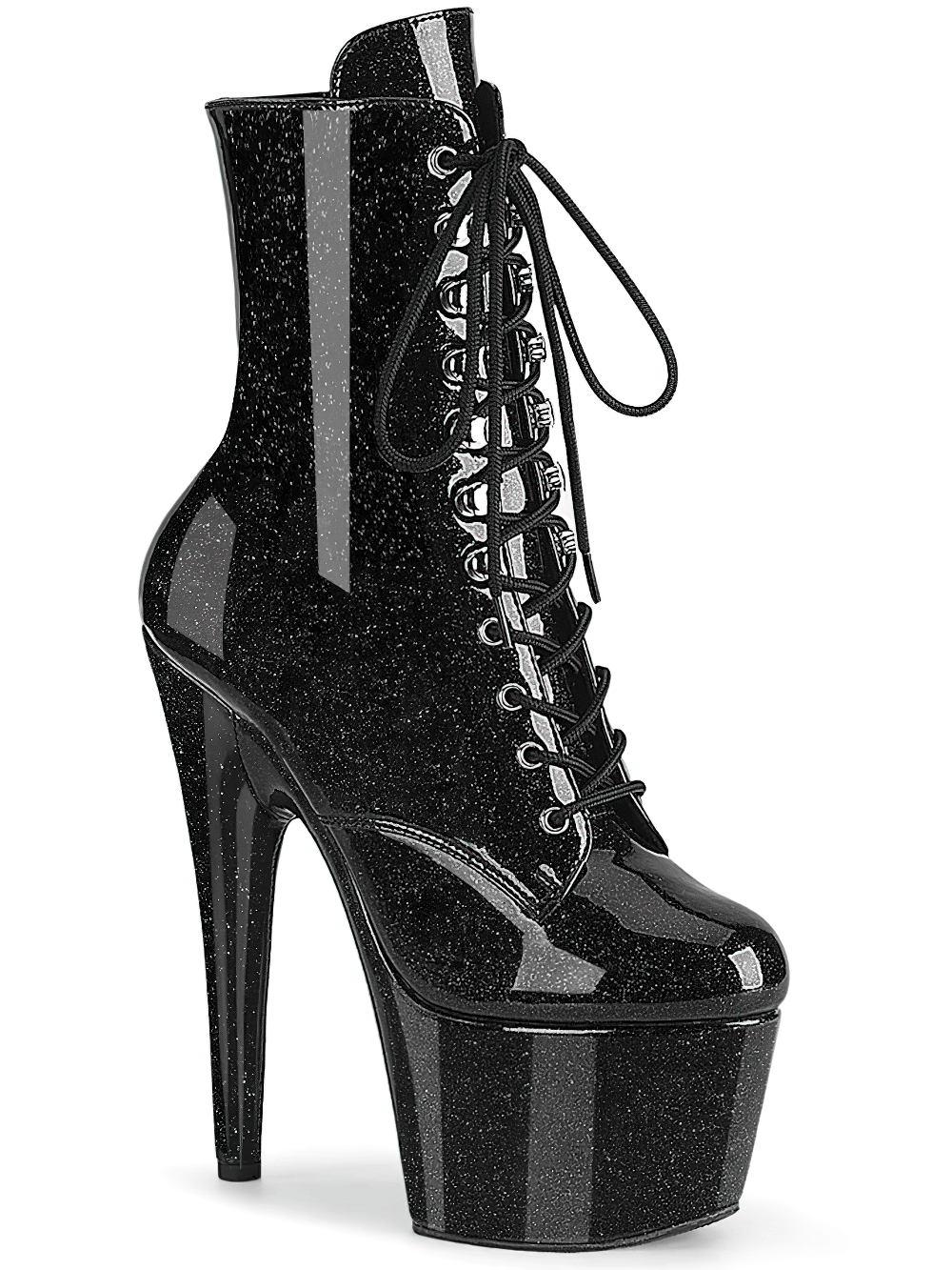 PLEASER black glitter lace-up ankle boots with 7-inch heels and platform, perfect for bold fashion statements.