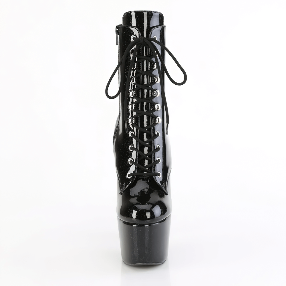 Black glitter lace-up ankle boots with platforms, featuring a side zip and striking stiletto heel.