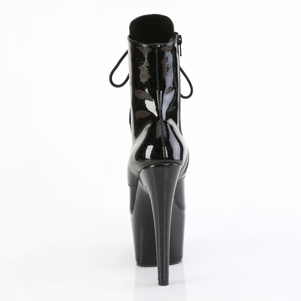 Back view of PLEASER black glitter lace-up ankle boots with high stiletto heel and side zip closure.