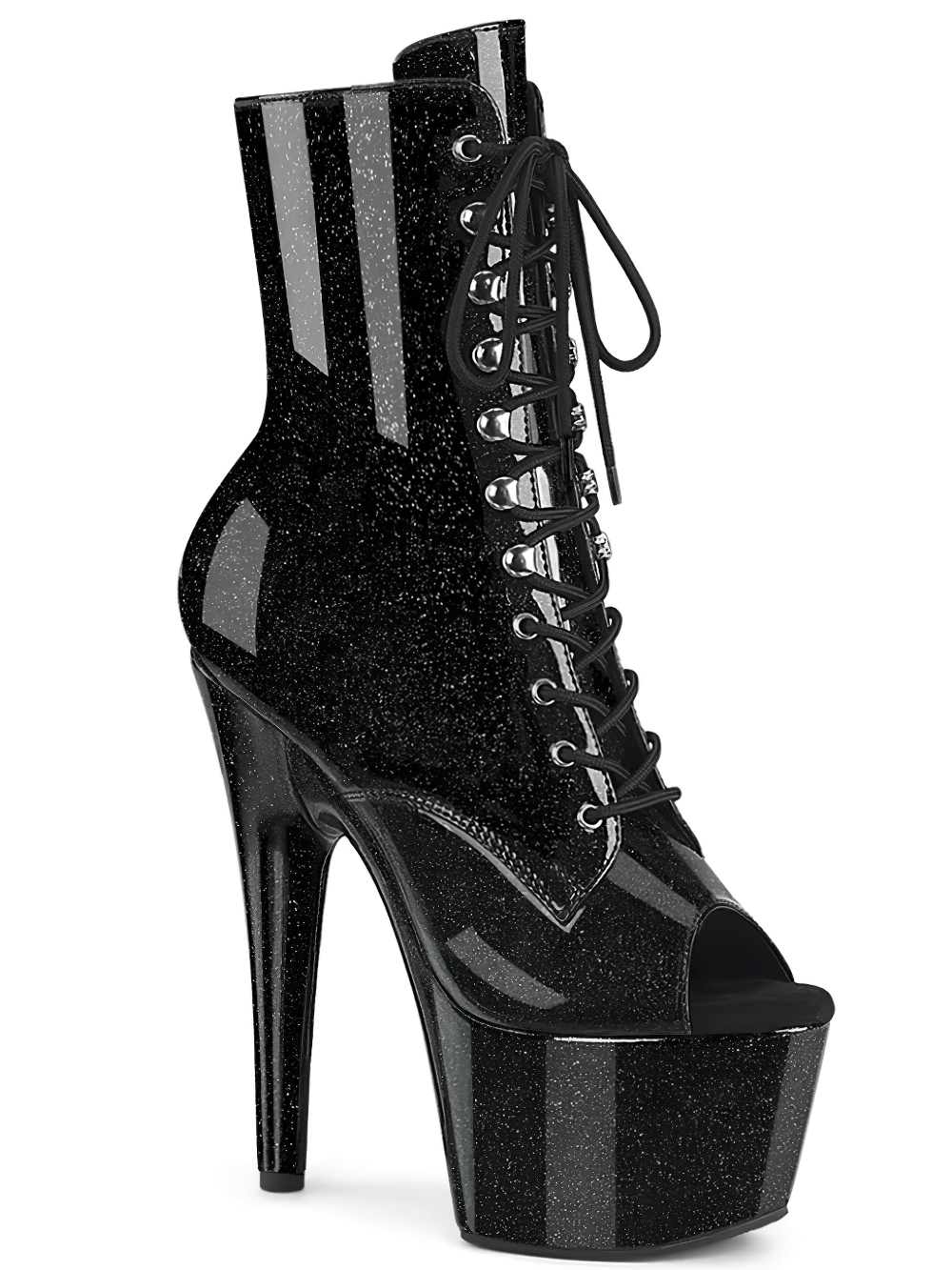 Black glitter peep-toe lace-up platform ankle boots with 7-inch heel for a stunning look.