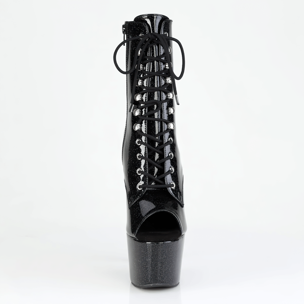 Black glitter peep-toe lace-up platform ankle boots with a dazzling finish and eye-catching height.