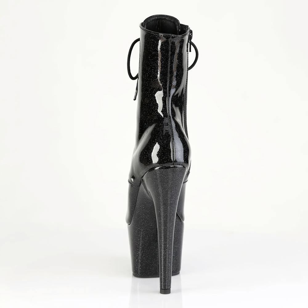 Back view of black glitter peep-toe lace-up stiletto ankle boots with high heel and platform.
