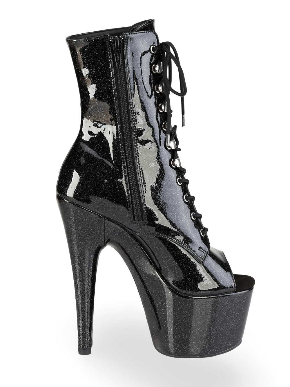Black glitter peep-toe lace-up stiletto ankle boots with 7-inch heel and platform. A bold fashion statement!