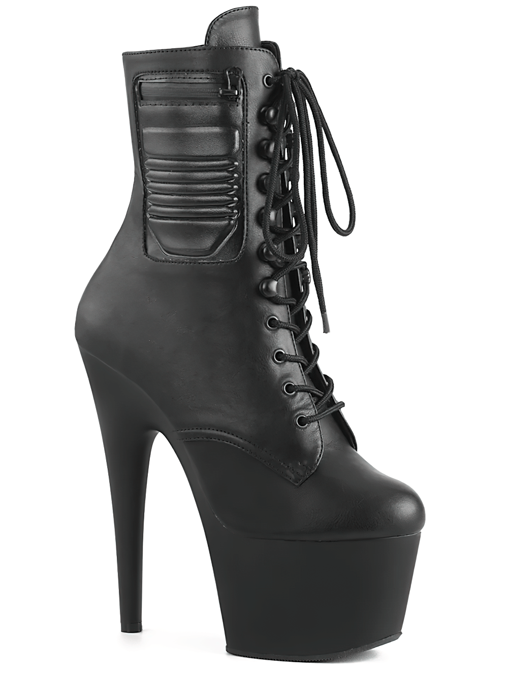 PLEASER black lace-up ankle boots with exterior pocket and dramatic 7-inch heel, combining style and functionality.
