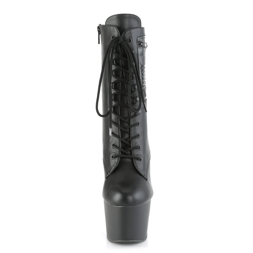 Sleek black lace-up ankle boots with a high heel and exterior zippered pocket, showcasing bold fashion.